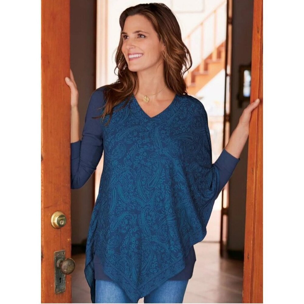 SOFT SURROUNDINGS Arpina Tunic Womens Petite M Long Sleeve Blue Paisley Nautical